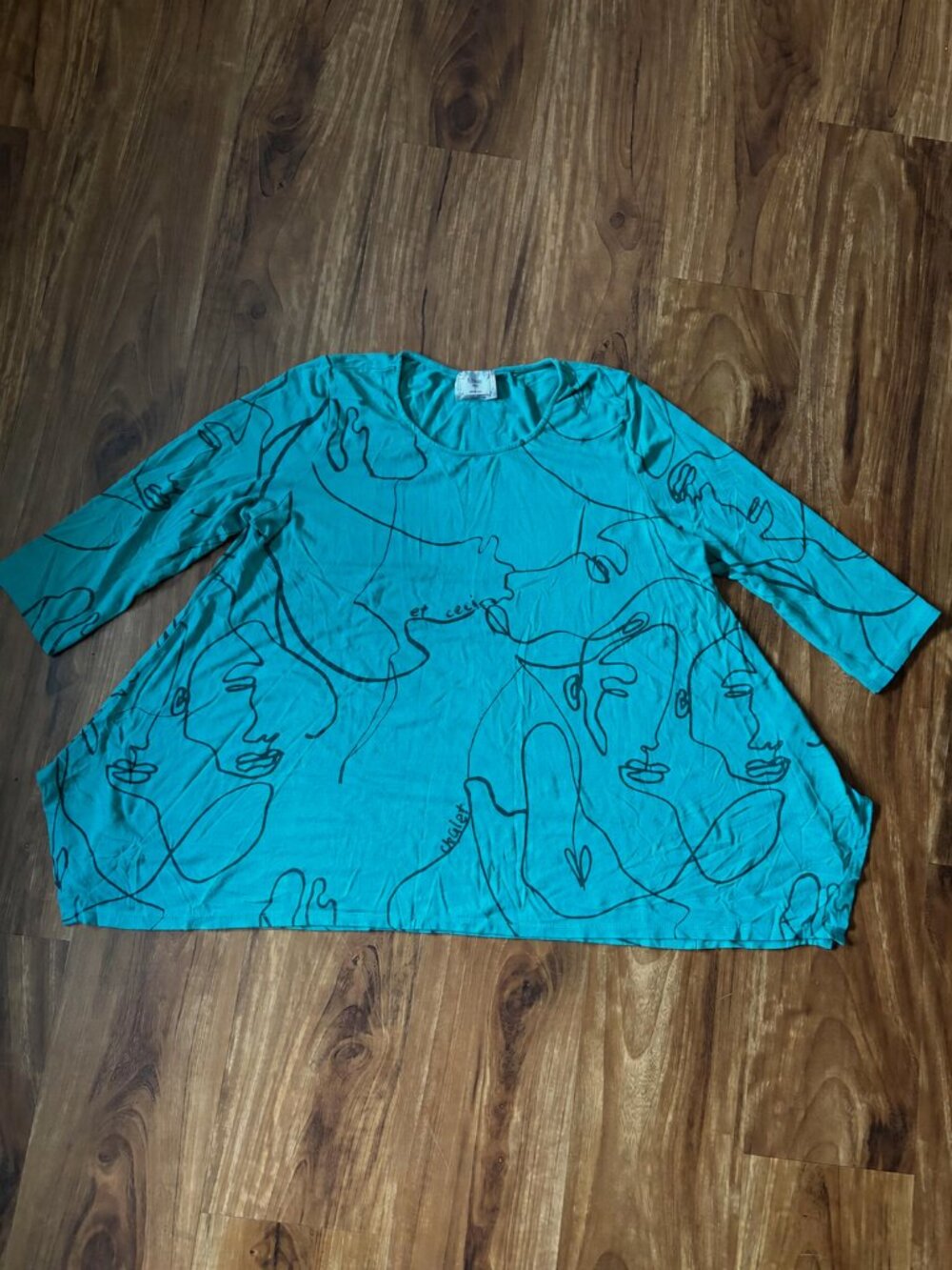 Chalet et Ceci teal abstract face bamboo blend Lagenlook tunic size L